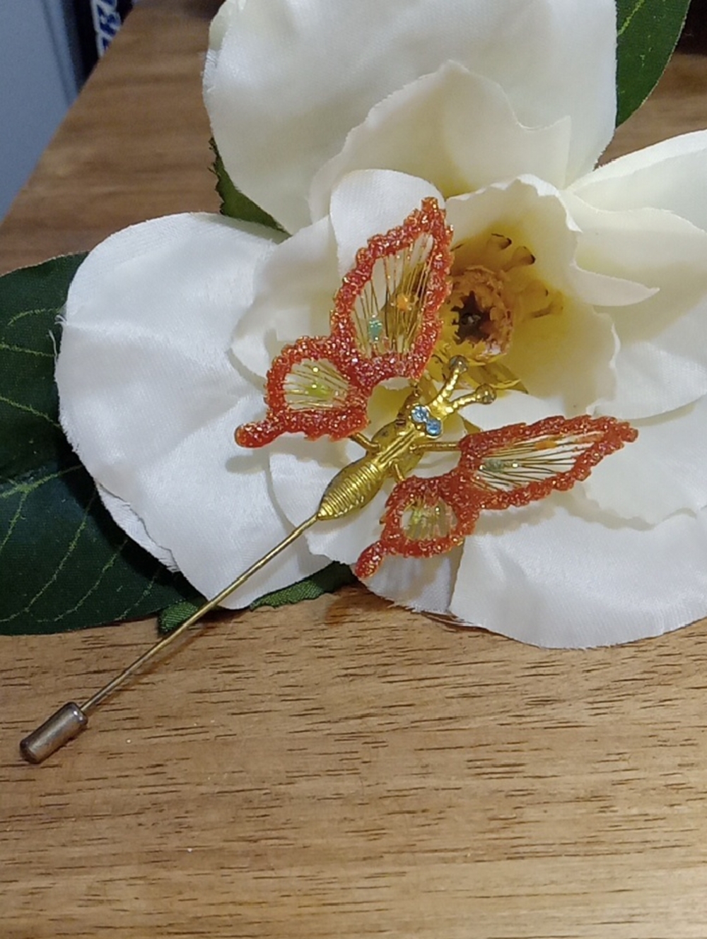 Gold Butterfly Stick Pin - Orange Accent Women's Accessory